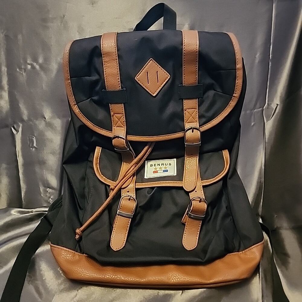 Vintage BENRUS Heritage Scout Drawstring Backpack Black Brown Faux Leather Trim